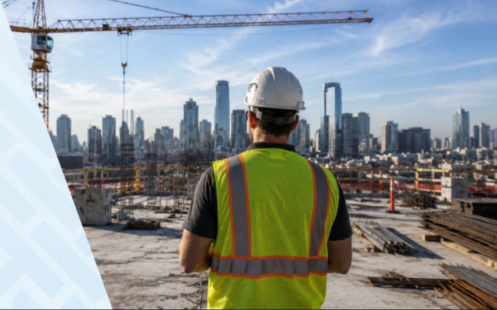 CPO perspective (Andrew Barron) blog header showing construction worker overlooking an active commercial construction site using HammerTech construction safety software