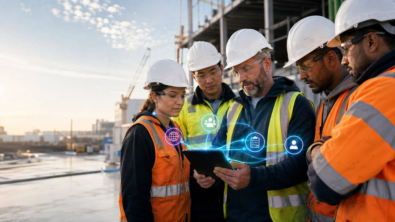 A group of construction workers on a job site looking at a tablet.