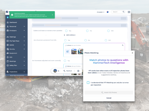 HammerTech dashboard showing the evidence field and inspection gallery using the AI Photo Evidence Recognition feature as well to speed up reviews.