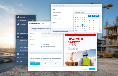 Explore the latest HammerTech updates for Safety Plans, equipment servicing, PTPs, Observation notifications, navigation, and language selection.