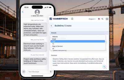 Image showing the HammerTech dashboard and a mobile phone with text message notifications about jobsite hazards and safety