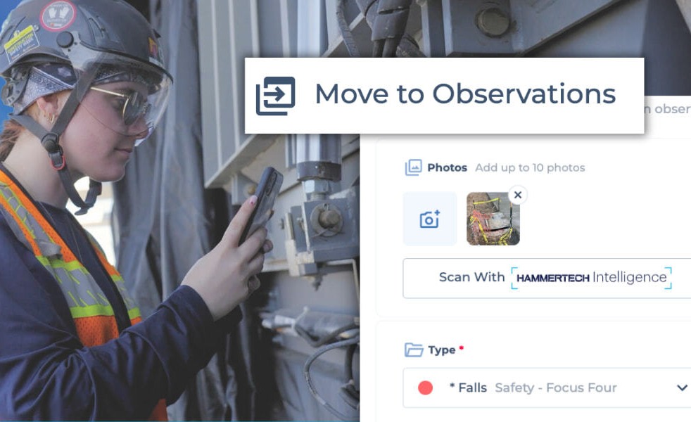 Worker in hard hat, safety glasses, and high visibility vest using a smartphone to scan equipment on a construction site, with a software interface overlay showing “Move to Observations,” photo upload, and “Scan with HammerTech Intelligence” options.